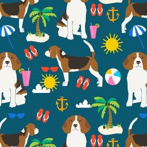 beagle beach fabric cute summer beach sunshine design - sapphire blue