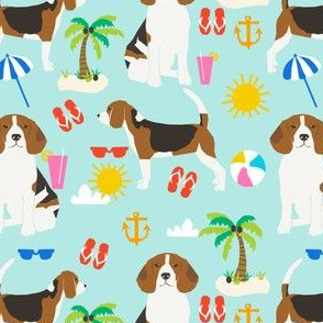 beagle beach fabric cute summer beach sunshine design - light blue