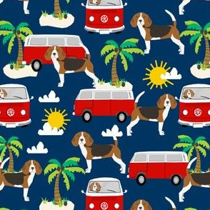 beagle  palm trees cute dog fabric - navy