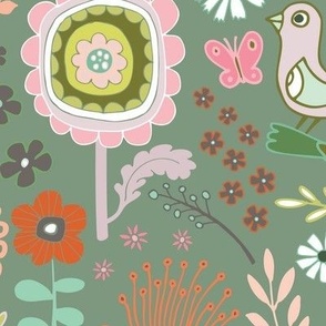 Birds & Blooms - Springtime, Grey green