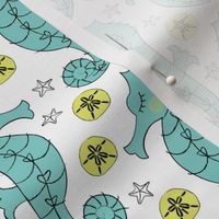 teal seahorses on white