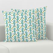 teal seahorses on white