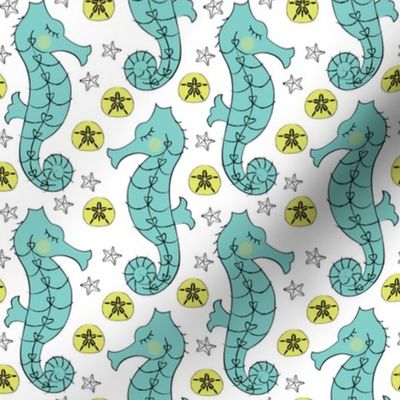 teal seahorses on white