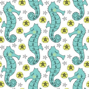 teal seahorses on white