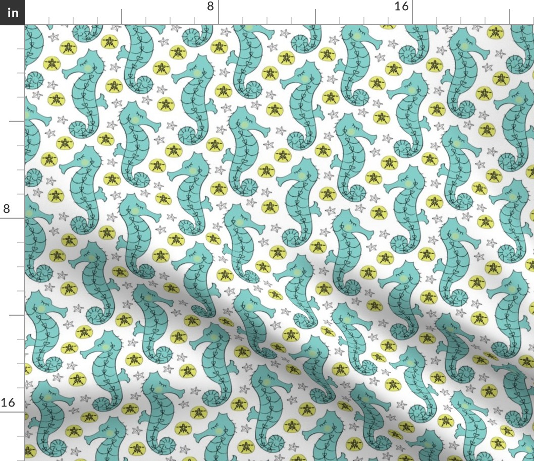 teal seahorses on white