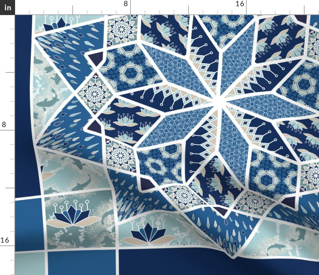 Star Quilt Squares in Blue and Aqua, Wholecloth Quilt 