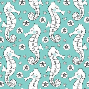 white seahorses on teal