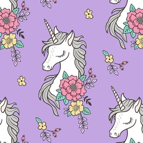 Dreamy Unicorn & Vintage Boho Flowers on Purple