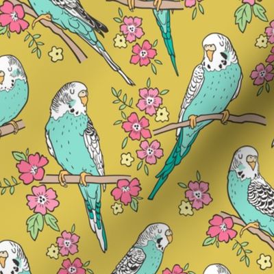 Budgie Birds With Blossom Flowers on Gold Yellow Mustard