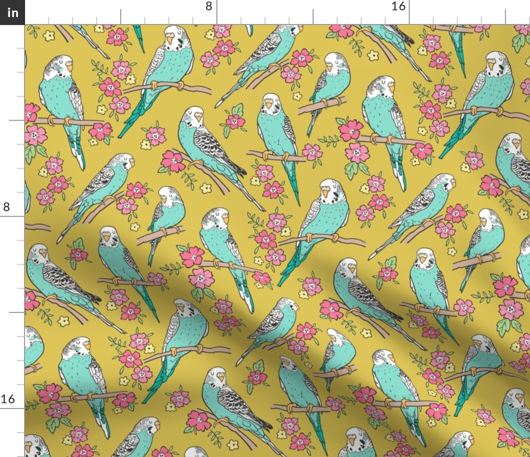 Budgie Birds With Blossom Flowers on Gold Yellow Mustard