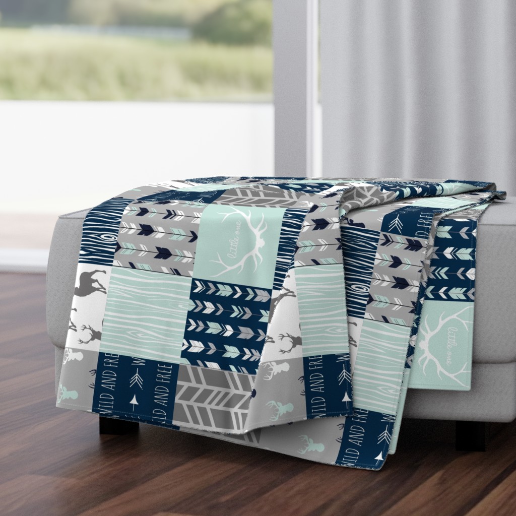 Rotated- Patchwork Deer in WHITE, mint, navy, and grey