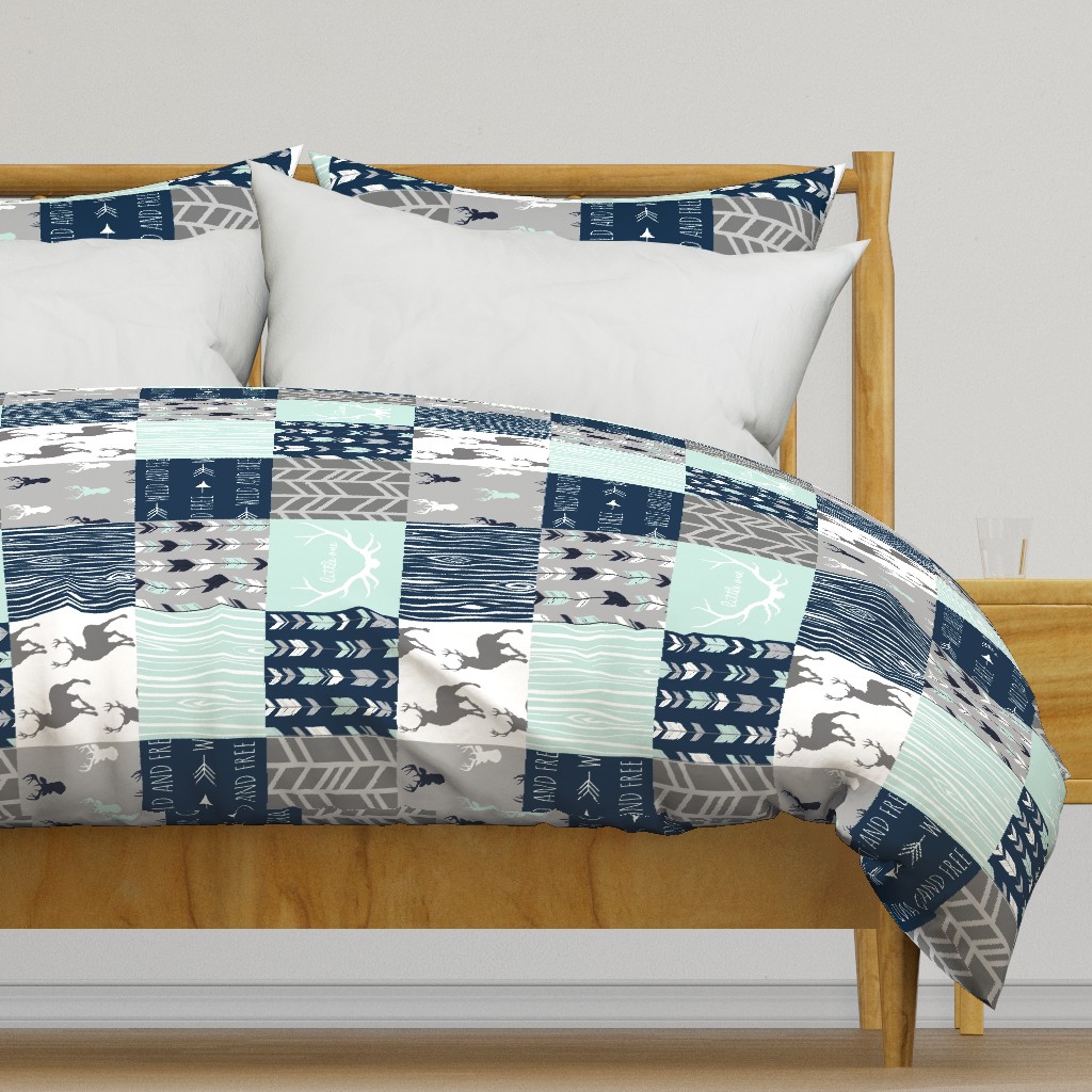 Rotated- Patchwork Deer in WHITE, mint, navy, and grey