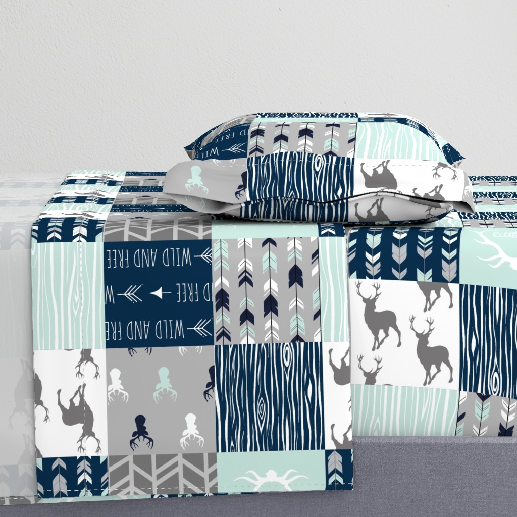 Rotated- Patchwork Deer in WHITE, mint, navy, and grey