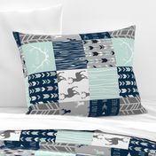 Rotated- Patchwork Deer in WHITE, mint, navy, and grey