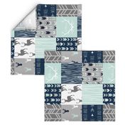 Rotated- Patchwork Deer in WHITE, mint, navy, and grey