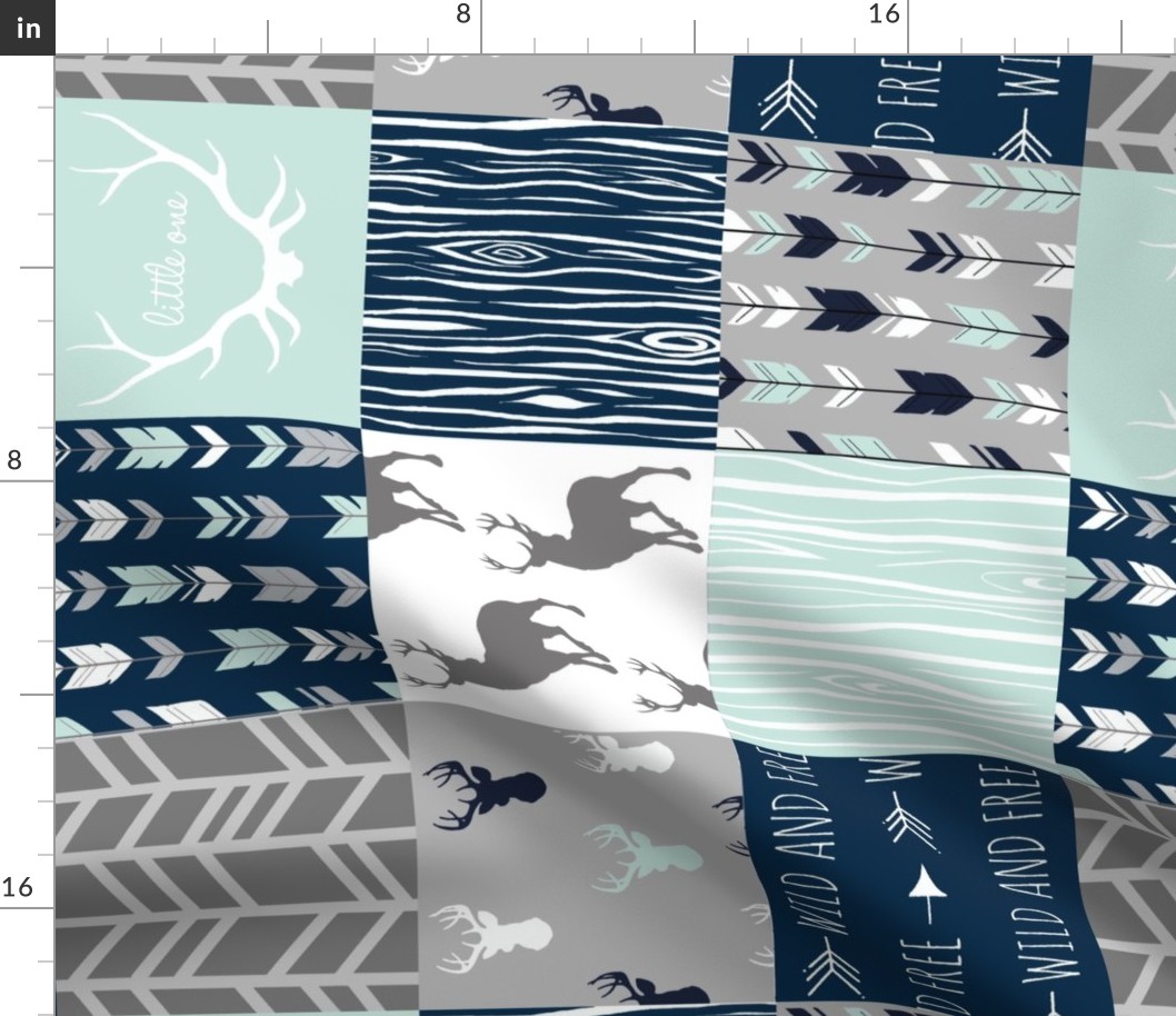 Rotated- Patchwork Deer in WHITE, mint, navy, and grey