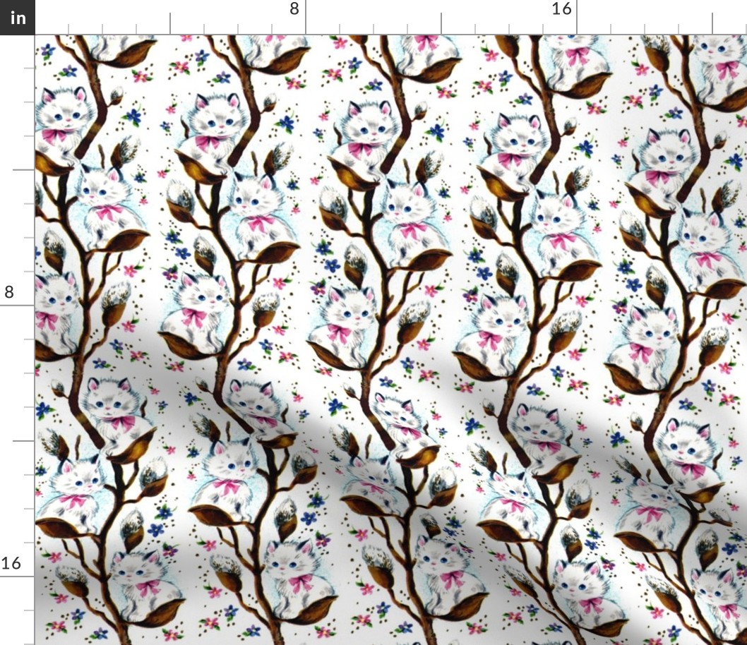 cats kittens pussies pussy willows puns plants trees flowers bows ribbons seamless flower buds vintage retro kitsch vines creepers floral climbers