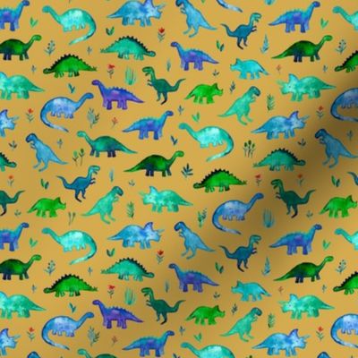 Extra Tiny Dinos in Blue and Green on Mustard 