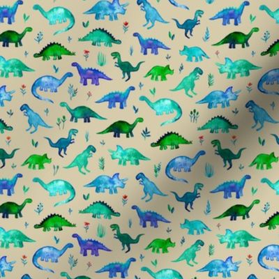 Extra Tiny Dinos in Blue and Green on Tan