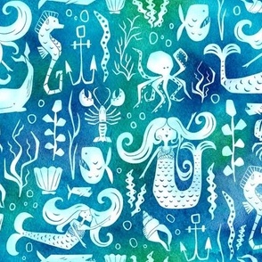 Under The Sea - Nautical Mermaid Watercolor Blue