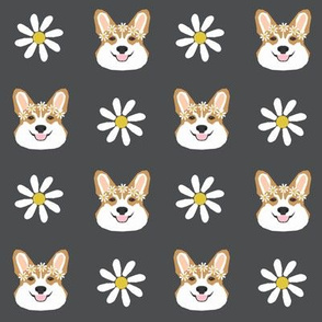 corgi floral fabric flower child daisy fabric corgis dog design  - charcoal