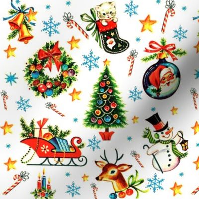 Merry Christmas xmas stars bells snowflakes candy canes kittens cats stockings wreaths bows baubles Santa Claus Sleigh presents gifts christmas trees snowman snowmen snow reindeer deer candles vintage retro kitsch socks