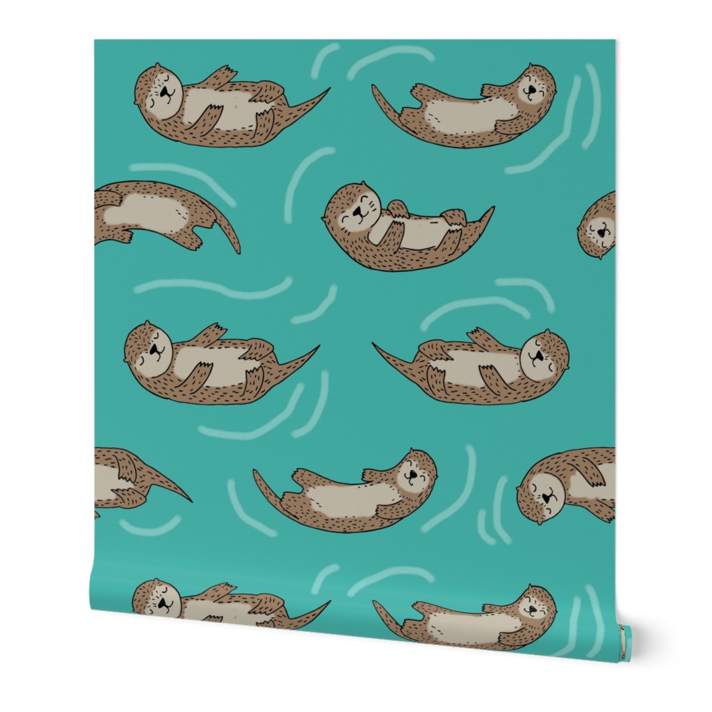 otter fabric // cute otters design animals fabric nursery baby andrea lauren - turquoise