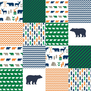 cheater quilt bear baby boy orange navy and green baby fabric nursery woodland hunting camping bears