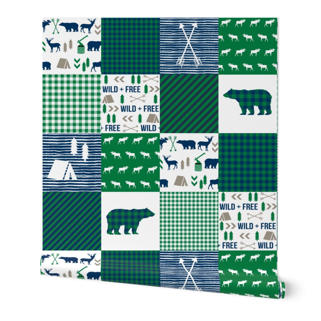 cheater quilt bear baby boy navy and green baby fabric nursery woodland hunting camping bears