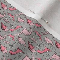 Dinosaurs Pink on Grey Tiny Small Rotated