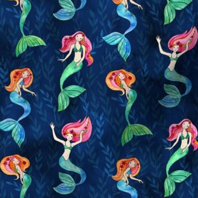 Little Merry Mermaids - faded seaweed leaf background