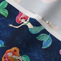 Little Merry Mermaids - faded seaweed leaf background