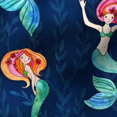 Merry Mermaids - faded seaweed leaf background