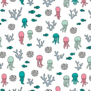 Cute ocean creatures under water world octopus and jelly fish coral blue pink for girls