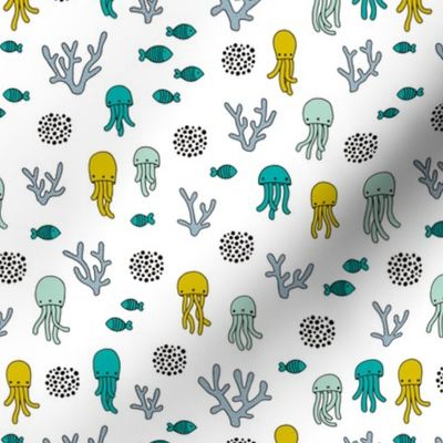 Cute ocean creatures under water world octopus and jelly fish coral blue mustard for boys