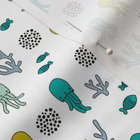 Cute ocean creatures under water world octopus and jelly fish coral blue mustard for boys