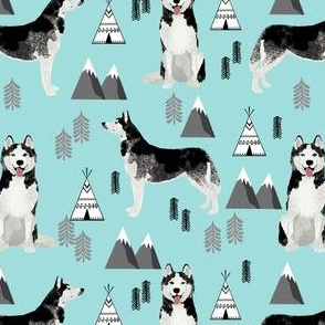 husky fabric siberian husky dog mountains teepee forest fabric - light blue