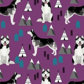 husky fabric siberian husky dog mountains teepee forest fabric - purple