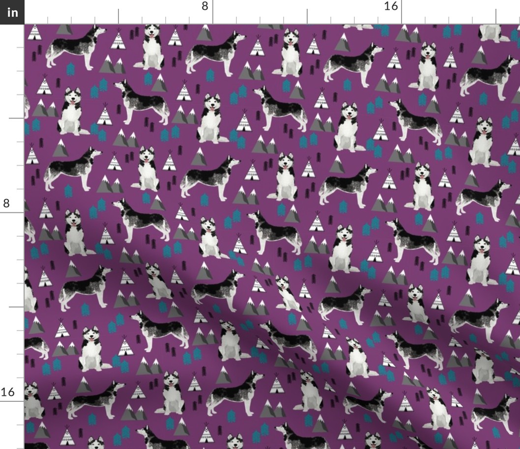 husky fabric siberian husky dog mountains teepee forest fabric - purple
