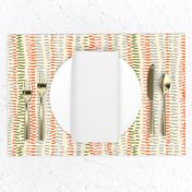 stitched rows in gray, green and orange on beige