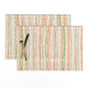 stitched rows in gray, green and orange on beige