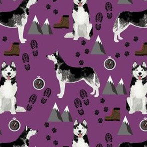 husky fabric siberian husky dog mountains hiking compass paw prints fabric - purple