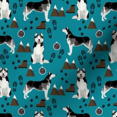 husky fabric siberian husky dog mountains hiking compass paw prints fabric - teal