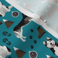 husky fabric siberian husky dog mountains hiking compass paw prints fabric - teal