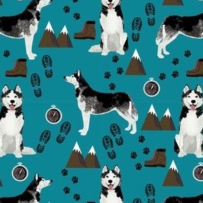 husky fabric siberian husky dog mountains hiking compass paw prints fabric - teal