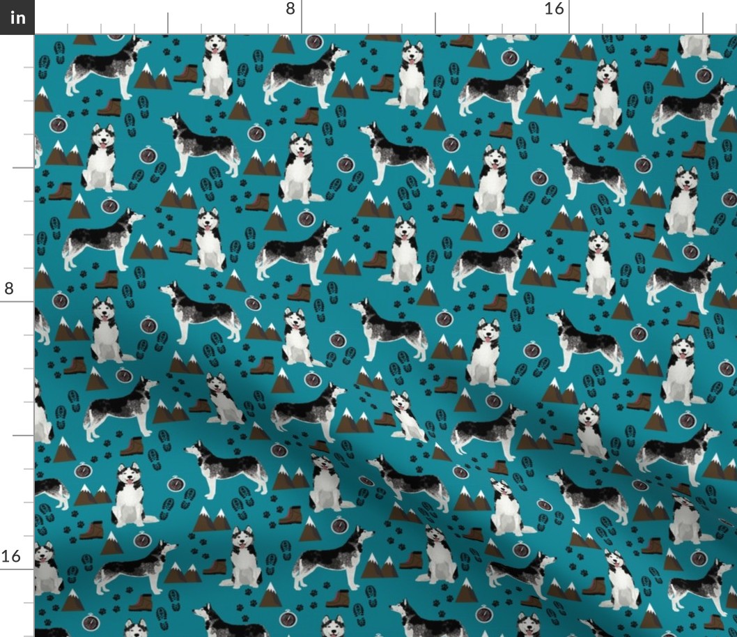 husky fabric siberian husky dog mountains hiking compass paw prints fabric - teal