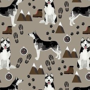 husky fabric siberian husky dog mountains hiking compass paw prints fabric - brown