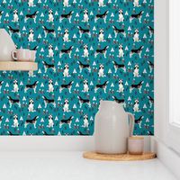 husky fabric siberian husky dog mountains teepee forest fabric - teal