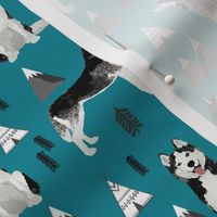 husky fabric siberian husky dog mountains teepee forest fabric - teal