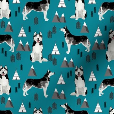 husky fabric siberian husky dog mountains teepee forest fabric - teal